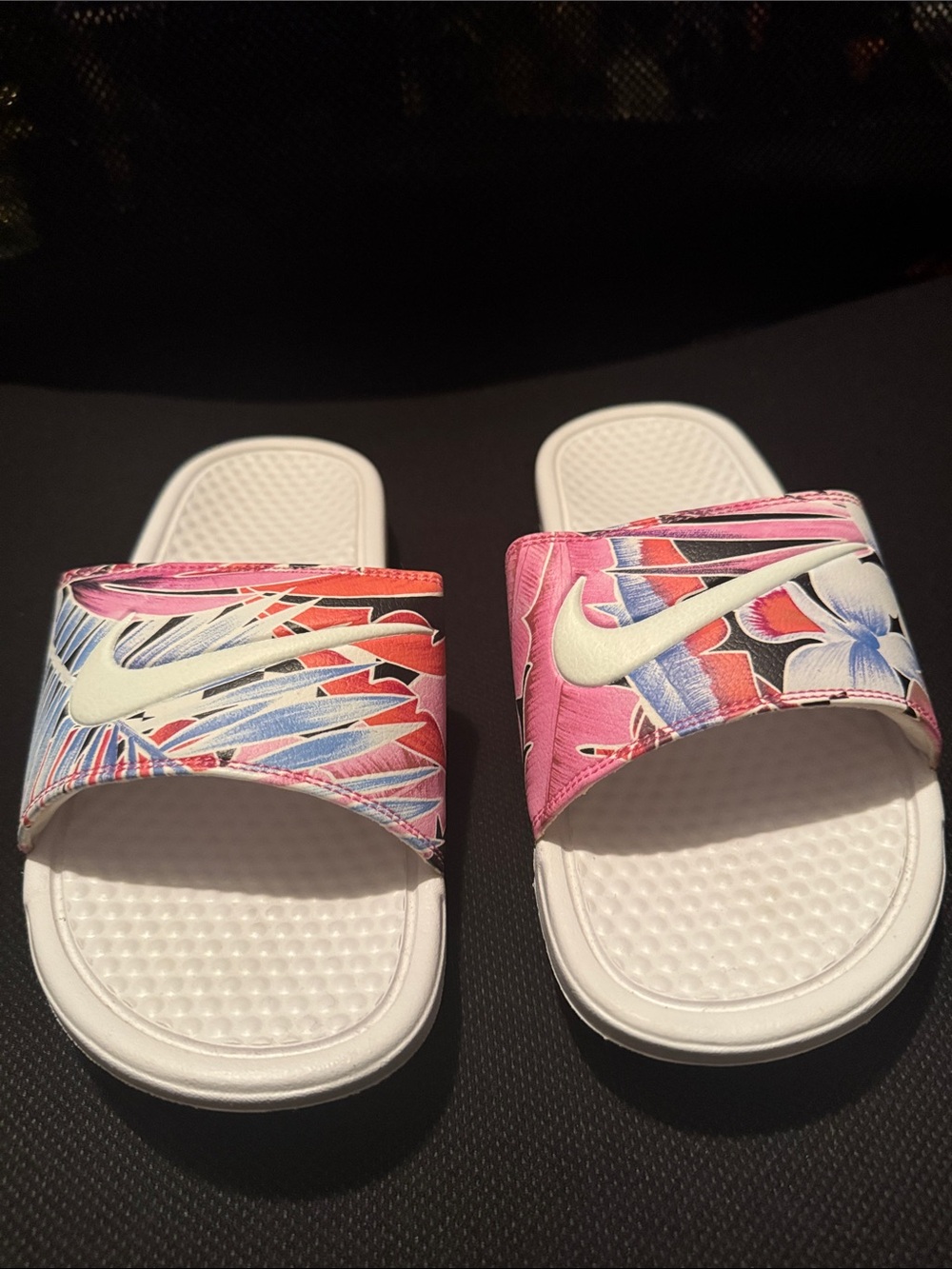 Women’s Nike White Slides with Pink & Multicolor Floral Strap